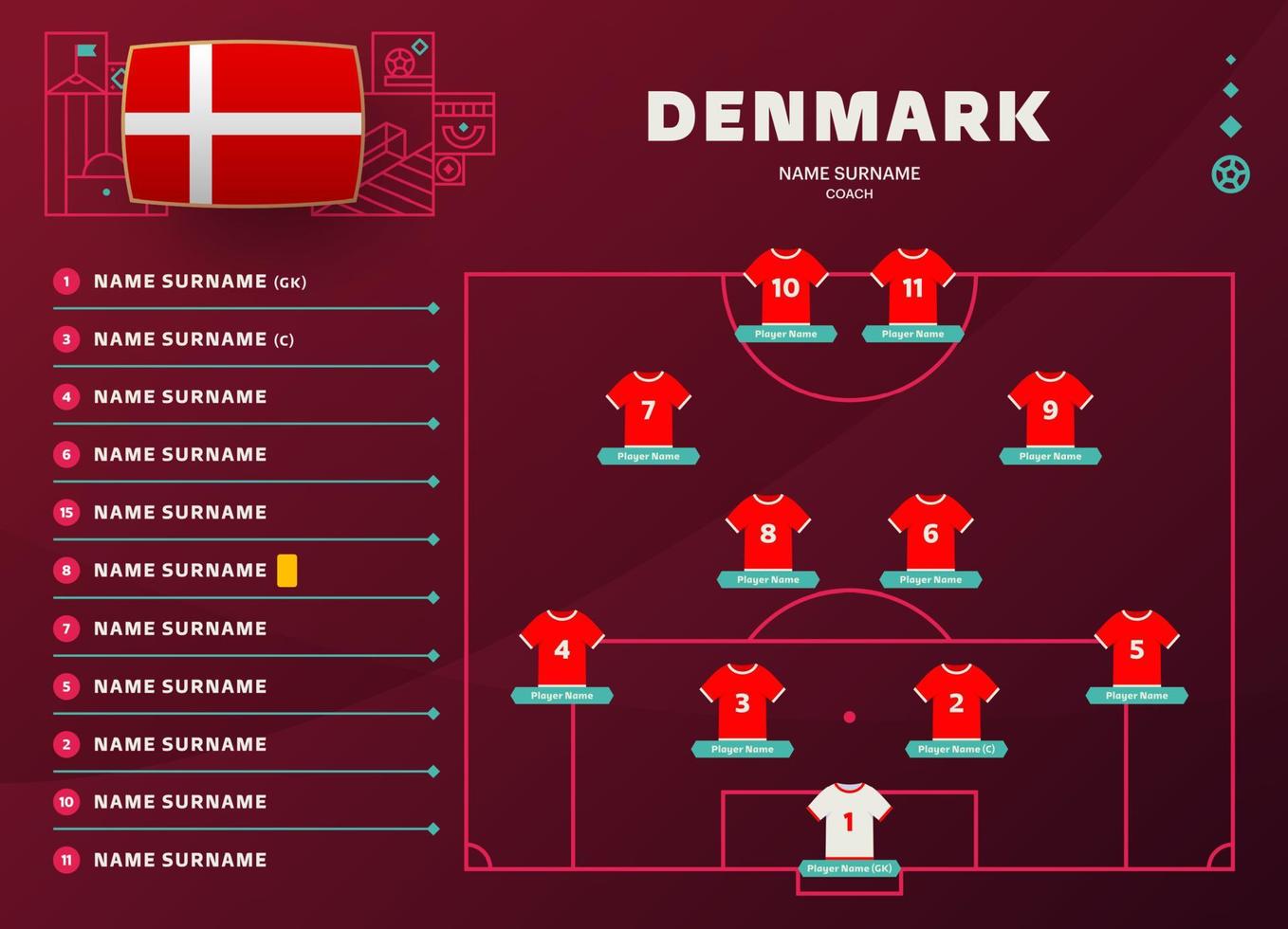 danemark line-up illustration vectorielle de la phase finale du tournoi mondial de football 2022. table de composition de l'équipe nationale et formation de l'équipe sur le terrain de football. drapeaux de pays de vecteur de tournoi de football