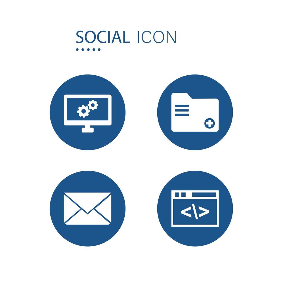 symbole du réglage de l'ordinateur, ajouter des icônes de dossier, d'enveloppe et de programmation sur la forme de cercle bleu isolé sur fond blanc. icônes sur l'illustration vectorielle sociale. vecteur