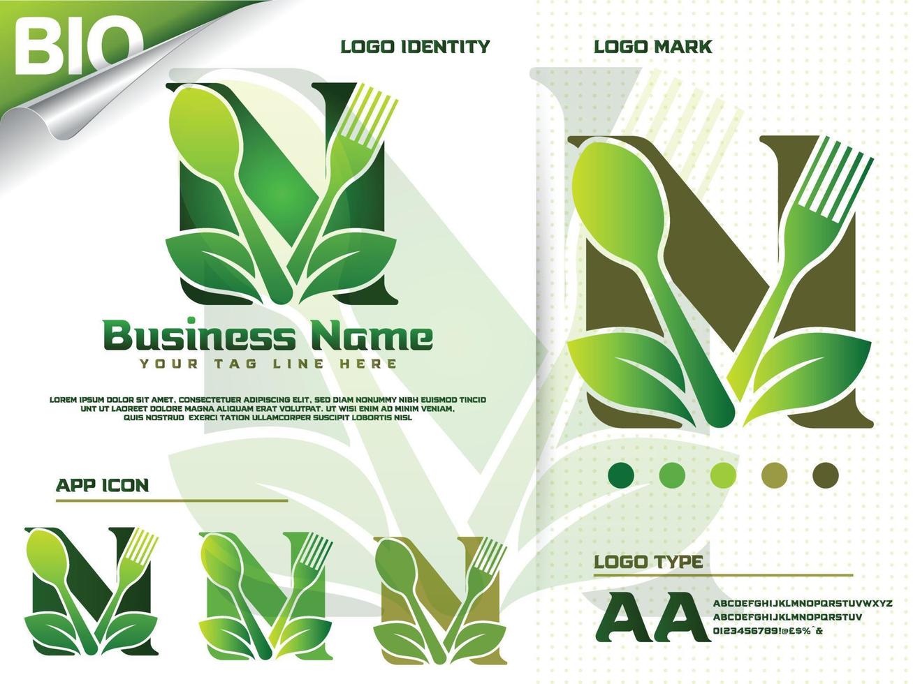 création de logo lettre n aliments sains avec feuille verte créative vecteur