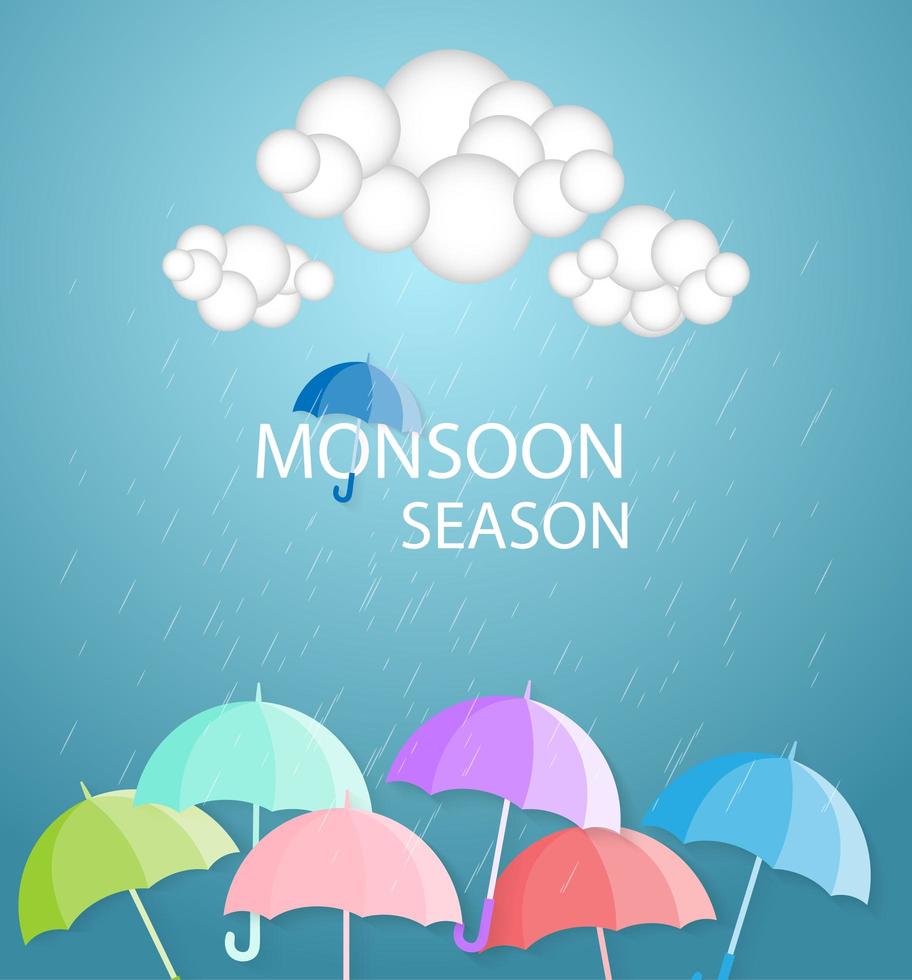 bannière de saison de mousson de parapluies et nuages colorés vecteur