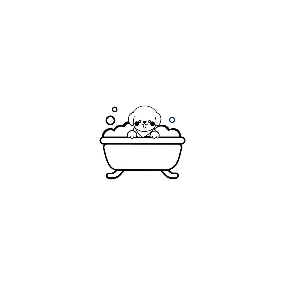 soins aux chiens. illustration vectorielle plane. mignon chien douche dans le bain. logo pour salon de coiffure pour animaux de compagnie, salon de coiffure et de toilettage pour animaux de compagnie. vecteur