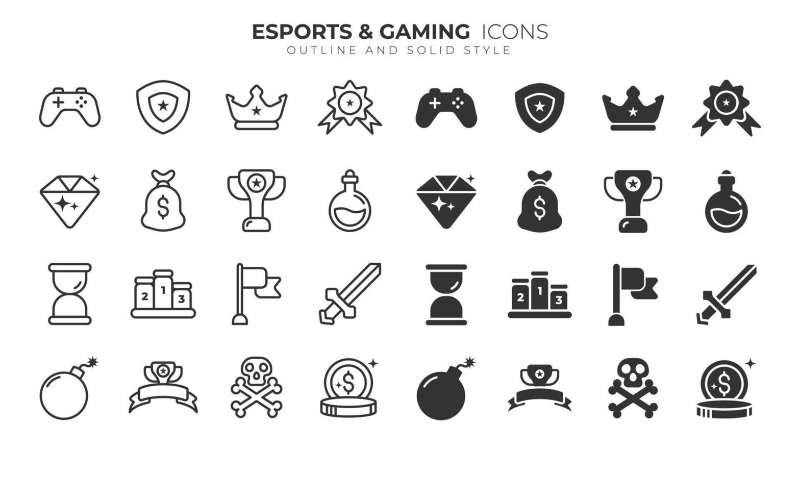 icônes d'esports et de jeux avec contour et style solide vecteur