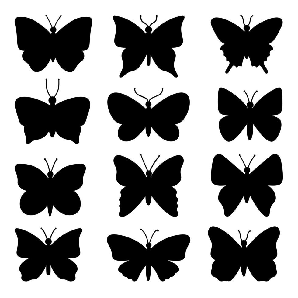 ensemble de silhouette de papillons. insectes volants. illustration de vecteur dessiné à la main isolé sur fond blanc