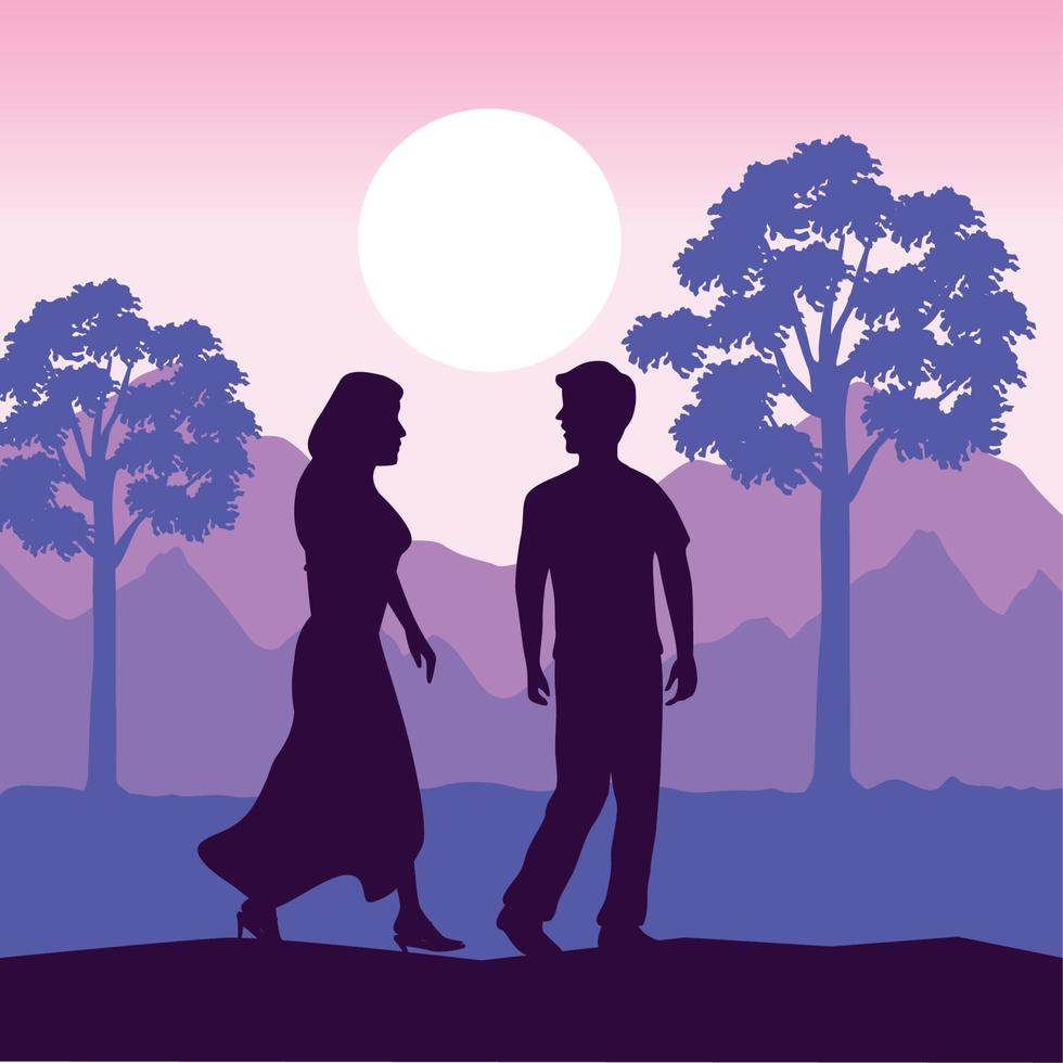 silhouette de couple dans un paysage violet vecteur