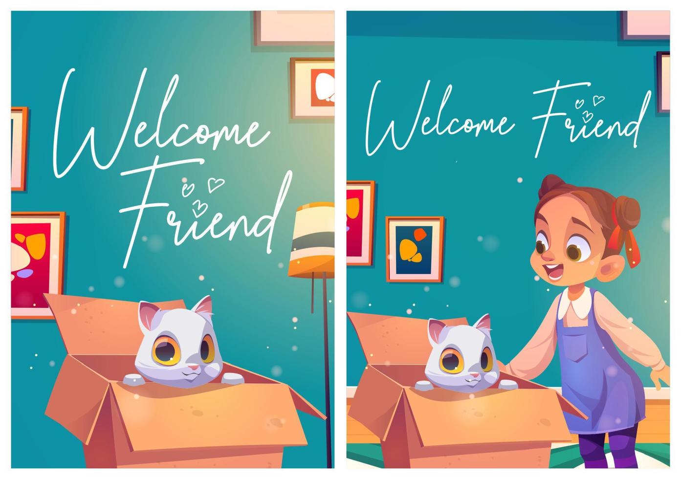 affiches d'un ami de bienvenue avec un chat dans une boîte et une fille vecteur