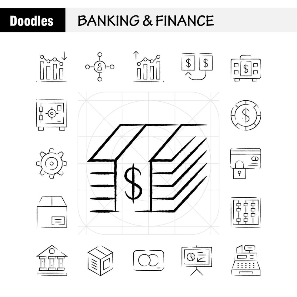 pack d'icônes bancaires dessinés à la main pour les concepteurs et les développeurs icônes d'analyse graphique financier rapport vers le bas vecteur d'organisation de gestion hiérarchique