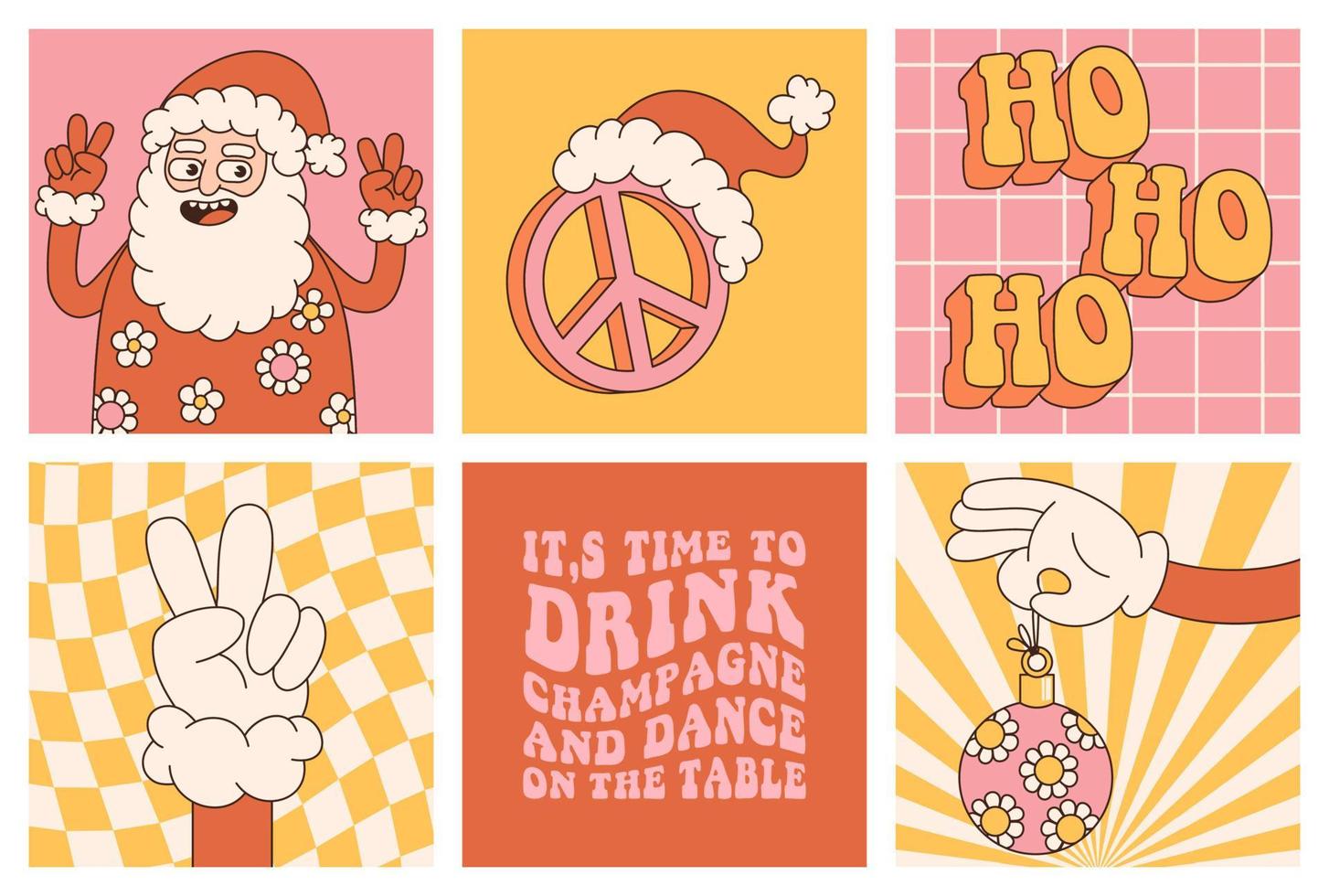 autocollants de Noël hippie groovy. père noël, paix, ho-ho-ho dans un style cartoon rétro tendance. vecteur
