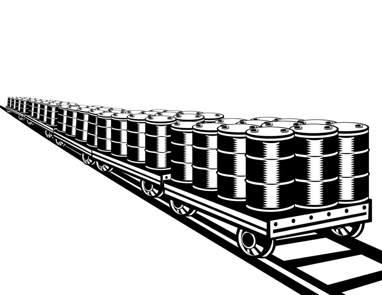 Barils de pétrole sur la voie de chemin de fer d'autorail rétro isolé style gravure sur bois noir et blanc vecteur