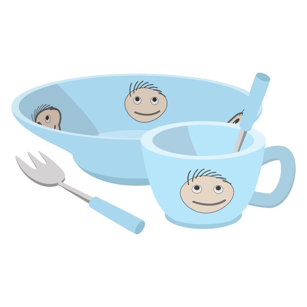 bol bébé bleu et tasse avec fourchette vecteur