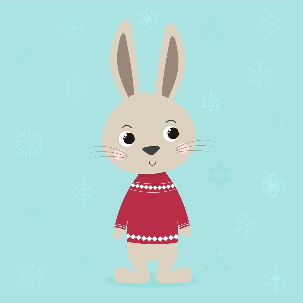 illustration avec un joli lapin beige en pull de noël rouge qui se tient sur deux pattes sur un fond bleu avec des flocons de neige vecteur