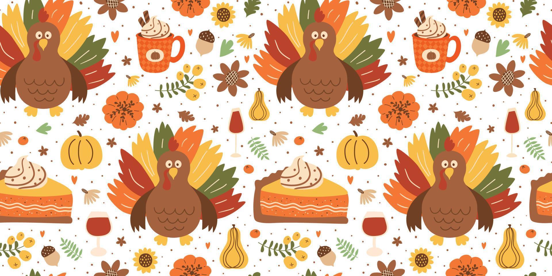 modèle sans couture de dîner de thanksgiving avec dinde, tranche de tarte à la citrouille, latte aux épices à la citrouille, feuilles d'automne, tournesol, fond de répétition de dessin animé mignon de citrouilles. illustration vectorielle de thanksgiving alimentaire. vecteur