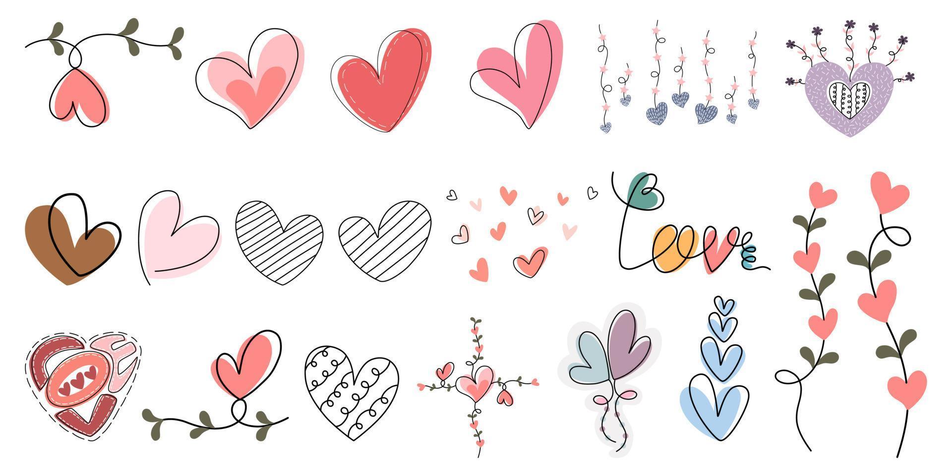 ensemble vectoriel d'éléments en forme de coeur conçu dans un style doodle pour la décoration, l'autocollant, l'impression numérique, la conception de cartes, la saint-valentin, le cadeau et plus encore.