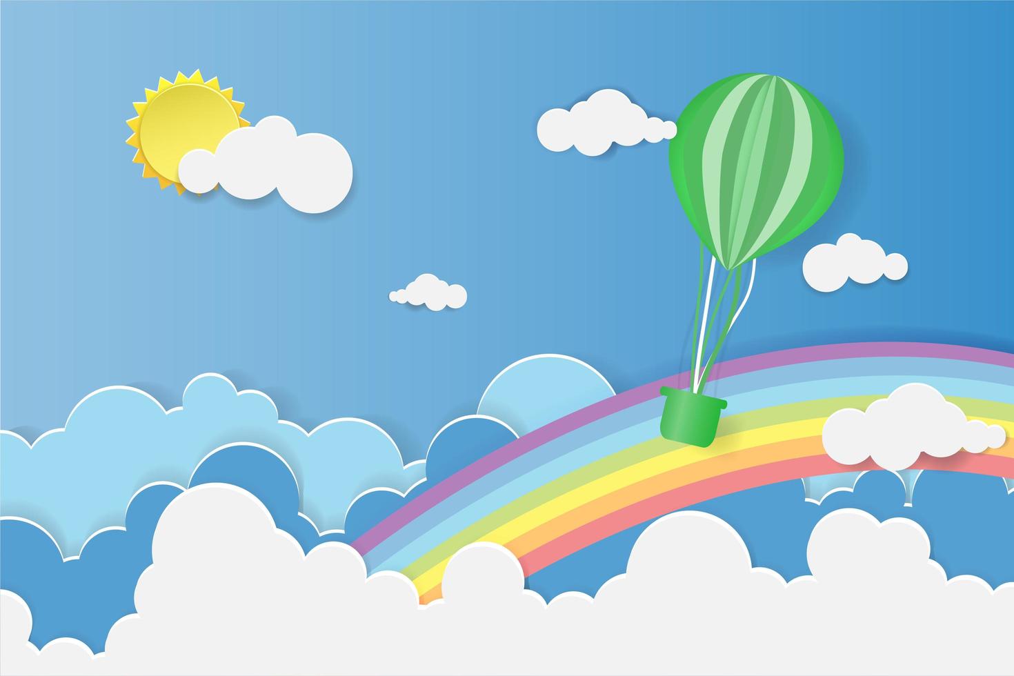 ballon flottant au-dessus des nuages avec arc en ciel vecteur