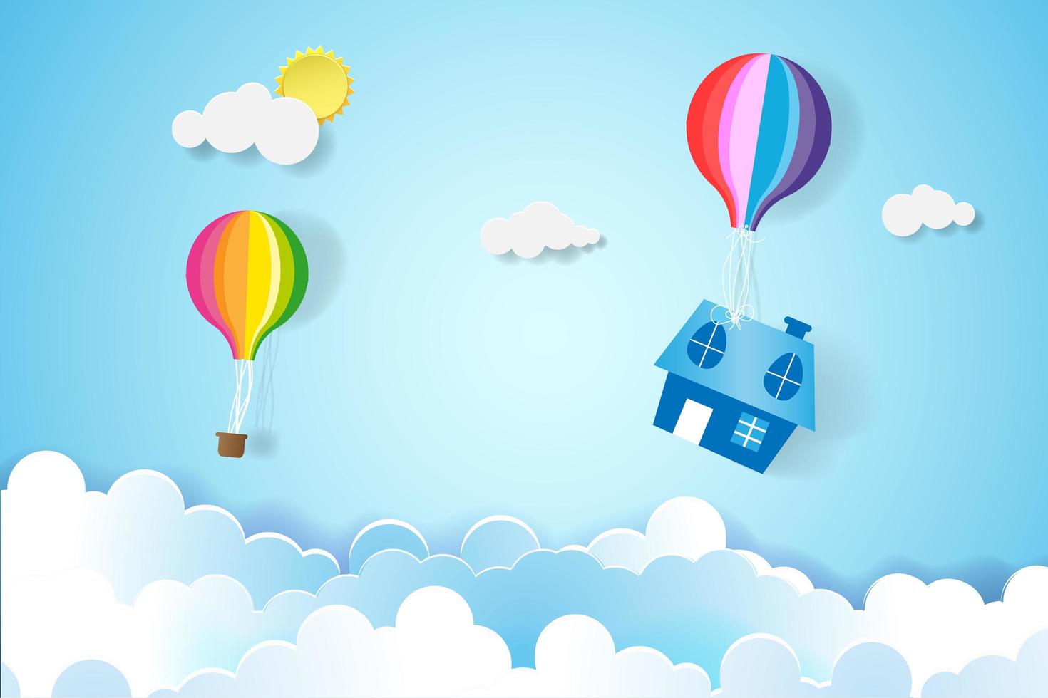 maison suspendue à des ballons colorés dans le ciel vecteur