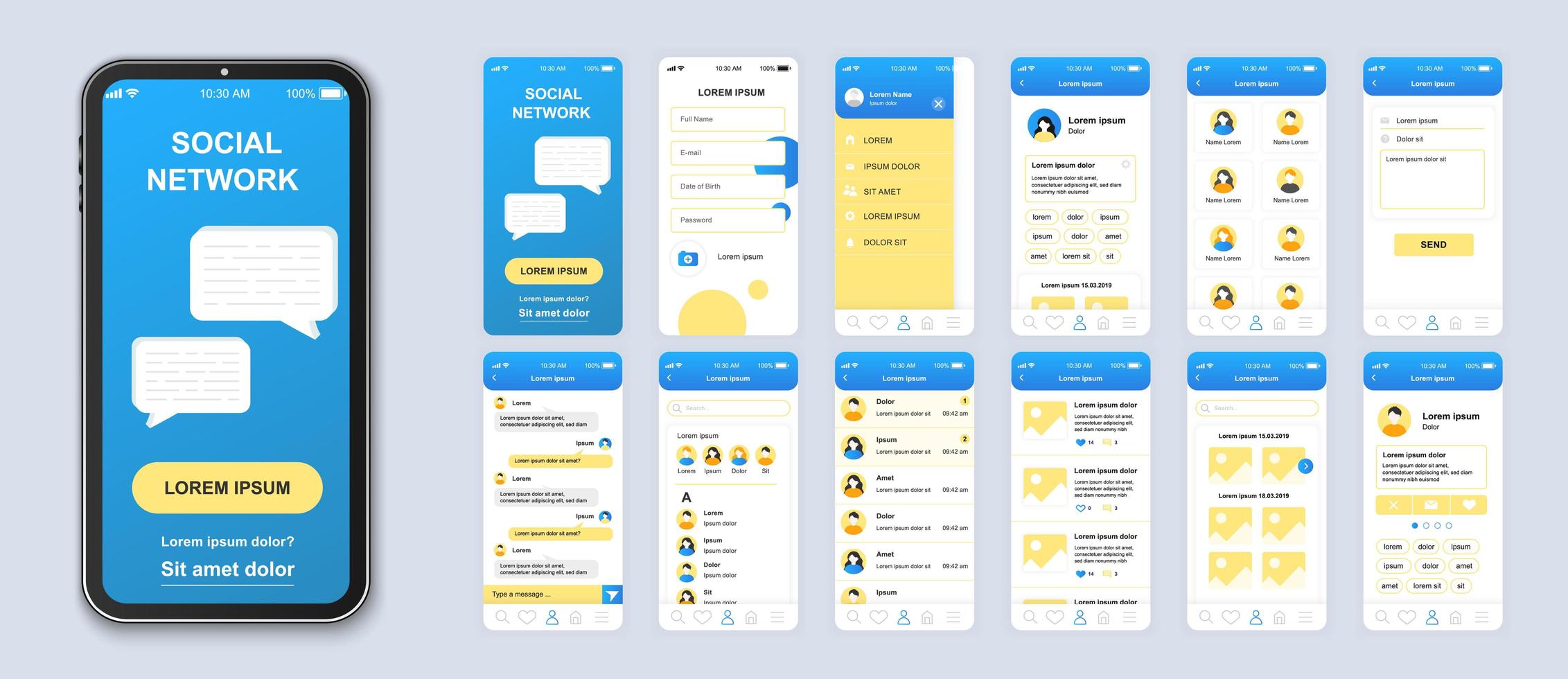 vecteur d'interface d'application mobile ui réseau social bleu et jaune