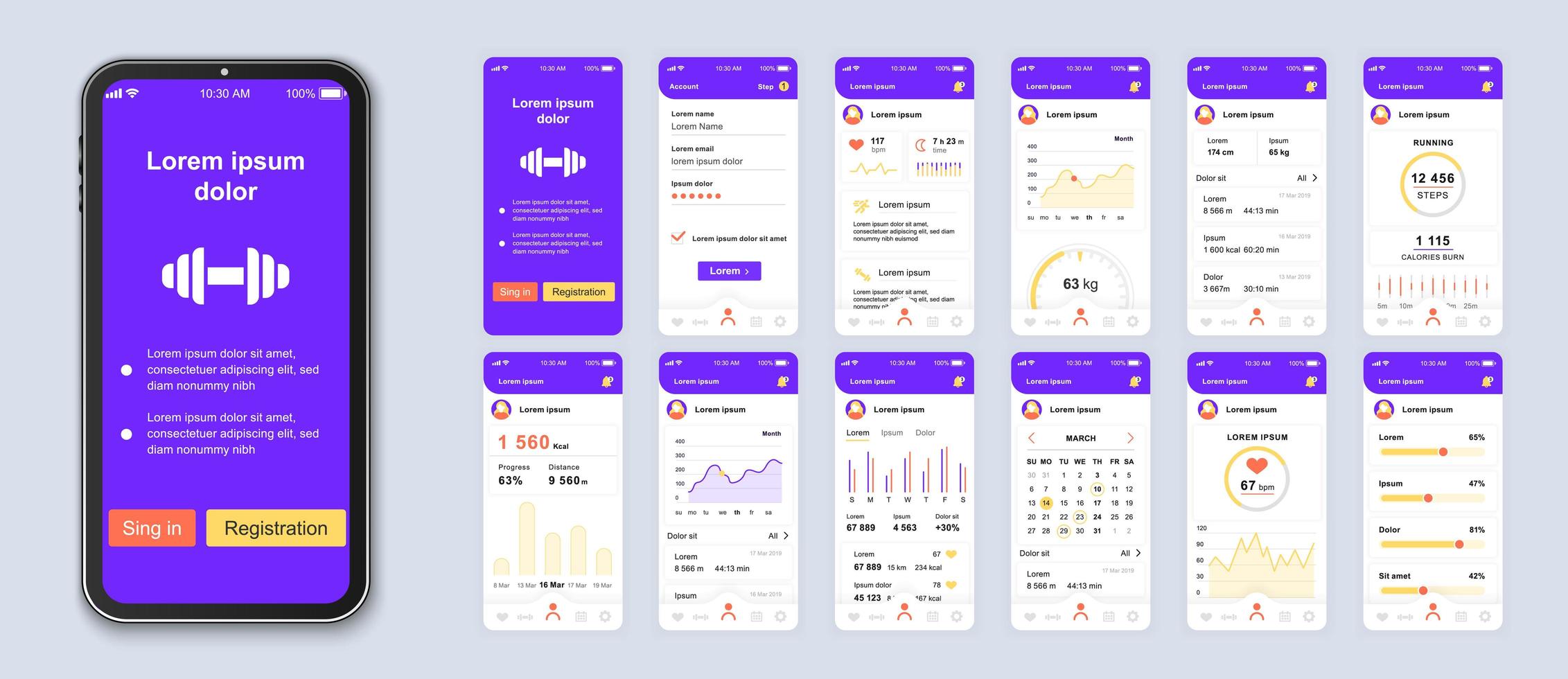 conception d'interface d'application mobile ui fitness violet et blanc vecteur