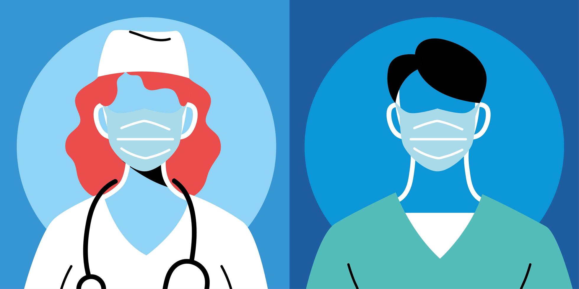 médecins féminins et masculins avec des masques et des uniformes vecteur