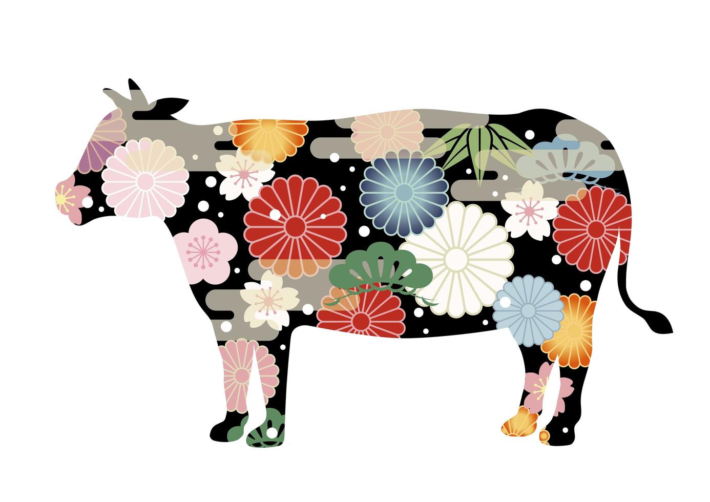 année du bœuf silhouette décorée de motifs japonais vecteur