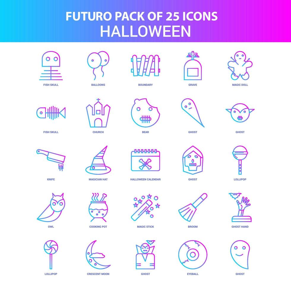 25 pack d'icônes futuro halloween bleu et rose vecteur