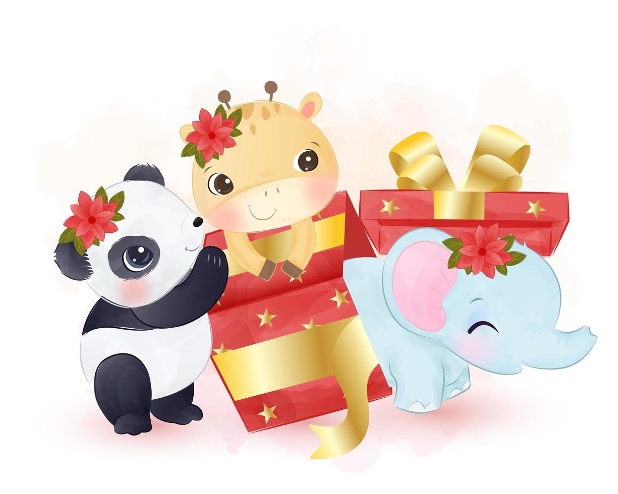 animaux mignons jouant dans des coffrets cadeaux de Noël vecteur