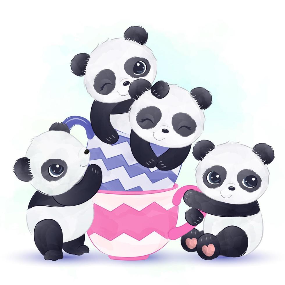 bébé pandas jouant ensemble dans des tasses de thé vecteur