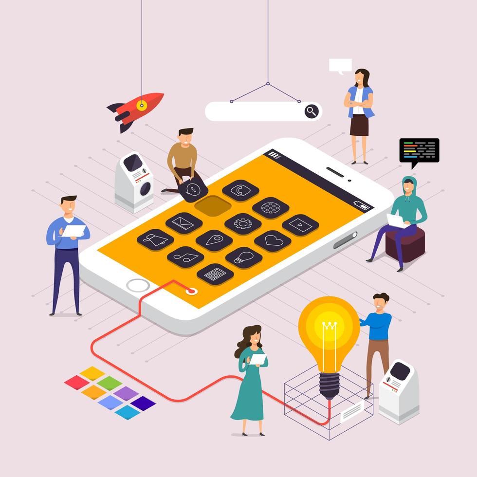 équipe travaillant sur la création d'une application sur mobile vecteur