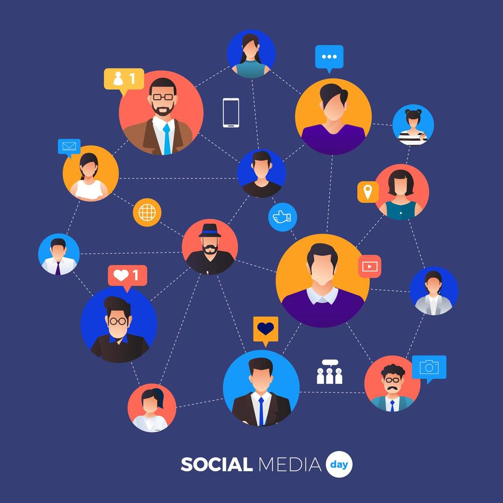 affiche de la journée des médias sociaux avec des personnes connectées vecteur