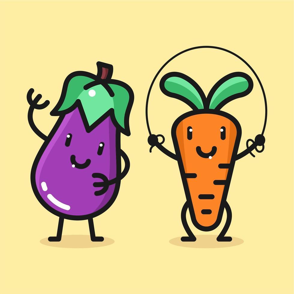 Jeu de caractères de dessin animé mignon carotte et aubergine vecteur