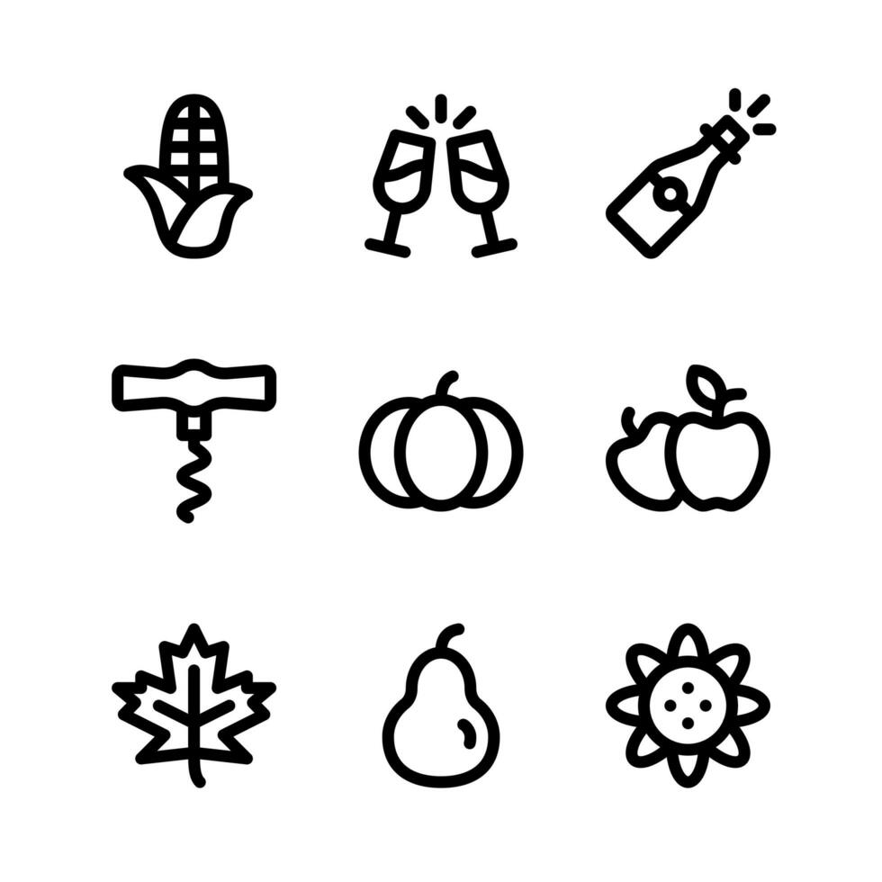 icônes de ligne de Thanksgiving, y compris le maïs, la boisson et plus vecteur