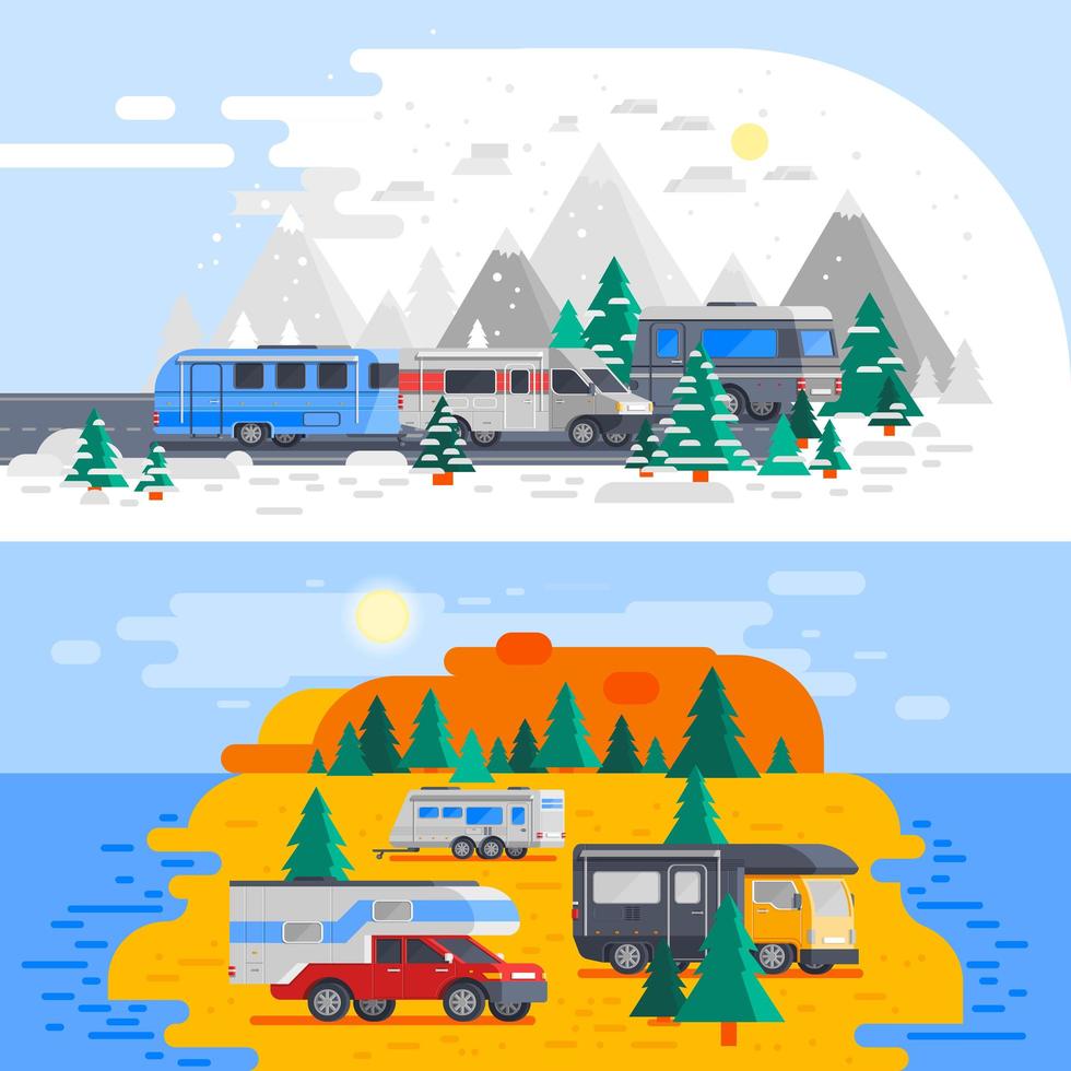 caricature de camping-cars et camping-cars à l'extérieur vecteur