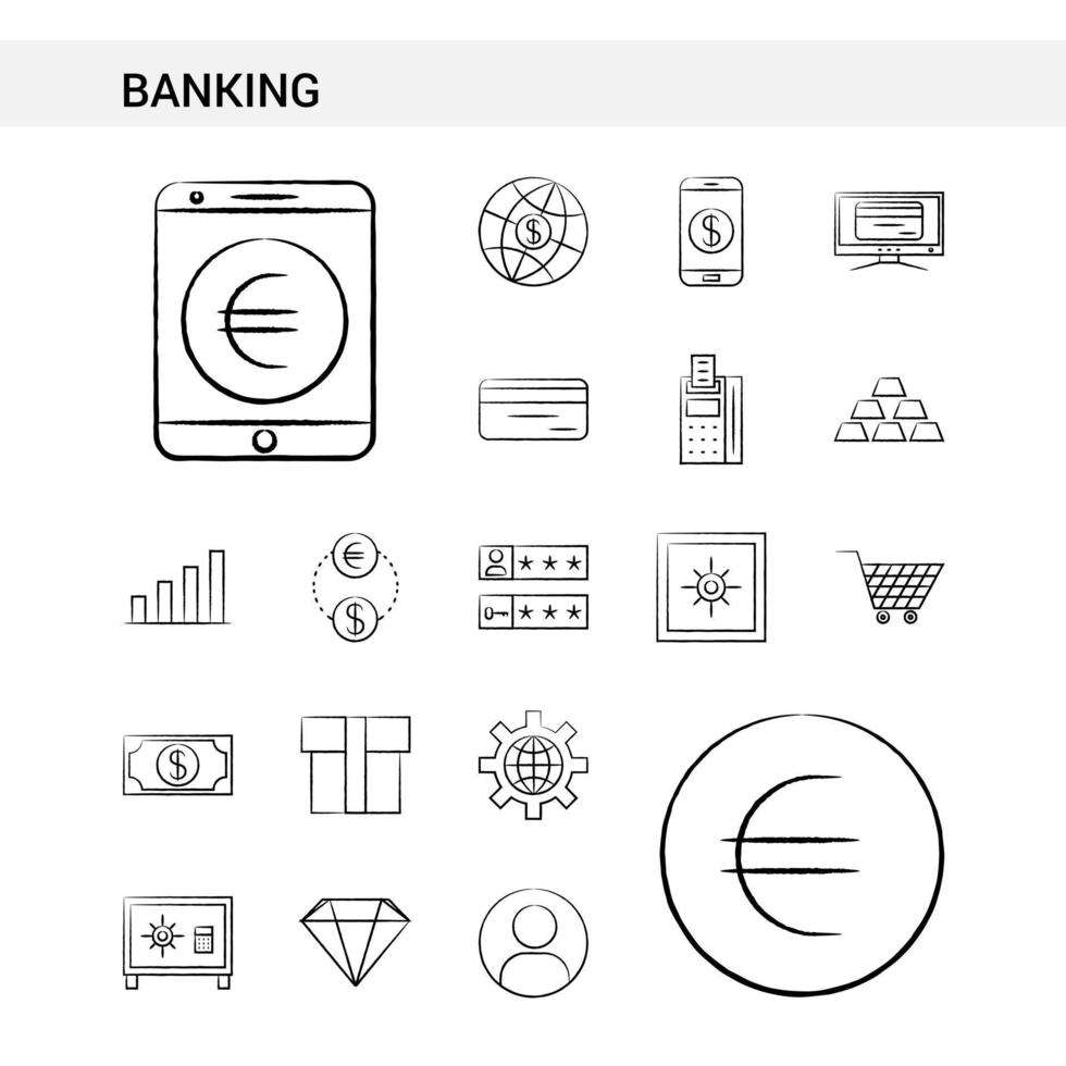 style de jeu d'icônes dessinés à la main bancaire isolé sur fond blanc vecteur