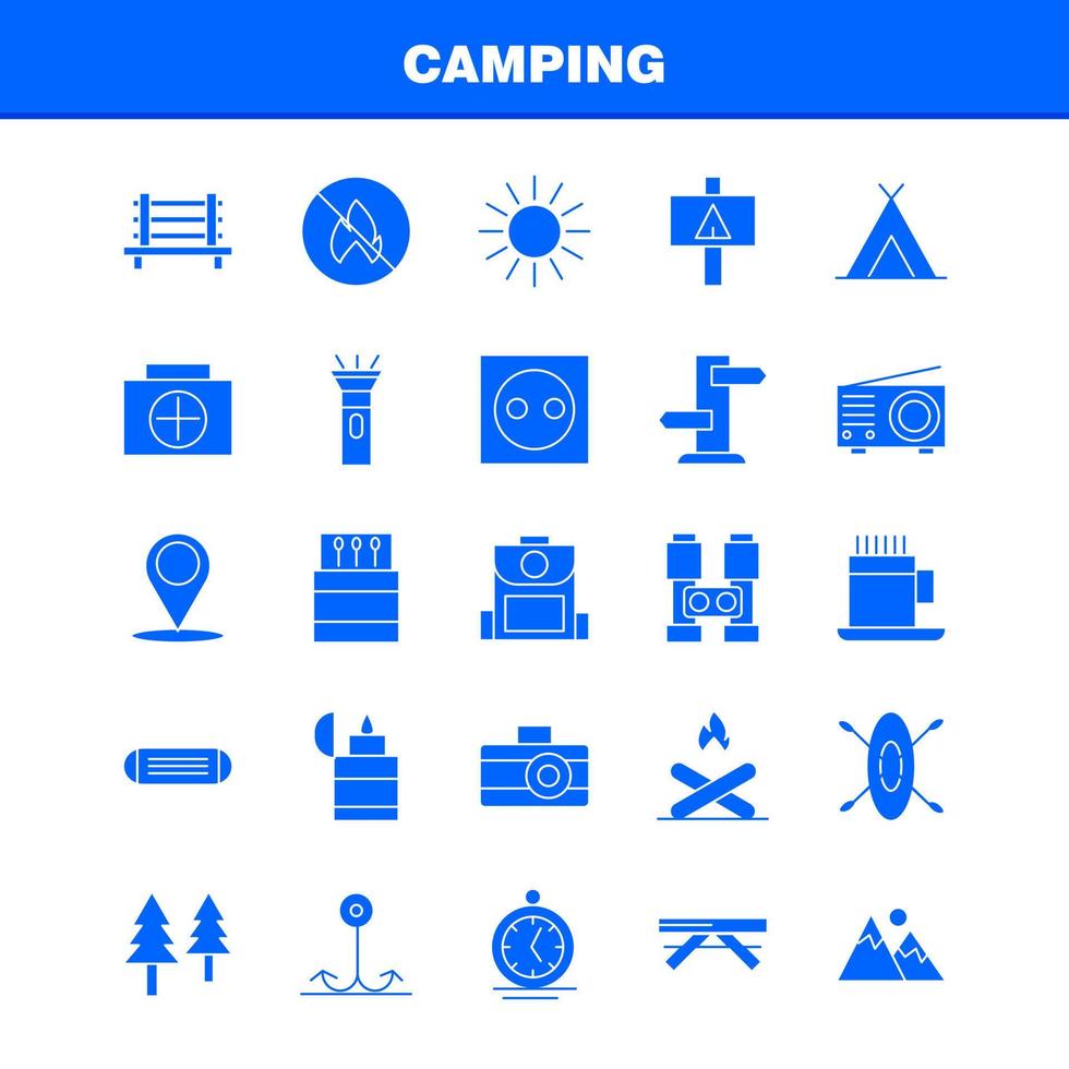 pack d'icônes de glyphe solide de camping pour les concepteurs et les développeurs icônes de banc camping voyage en plein air match de camping vecteur de feu en plein air
