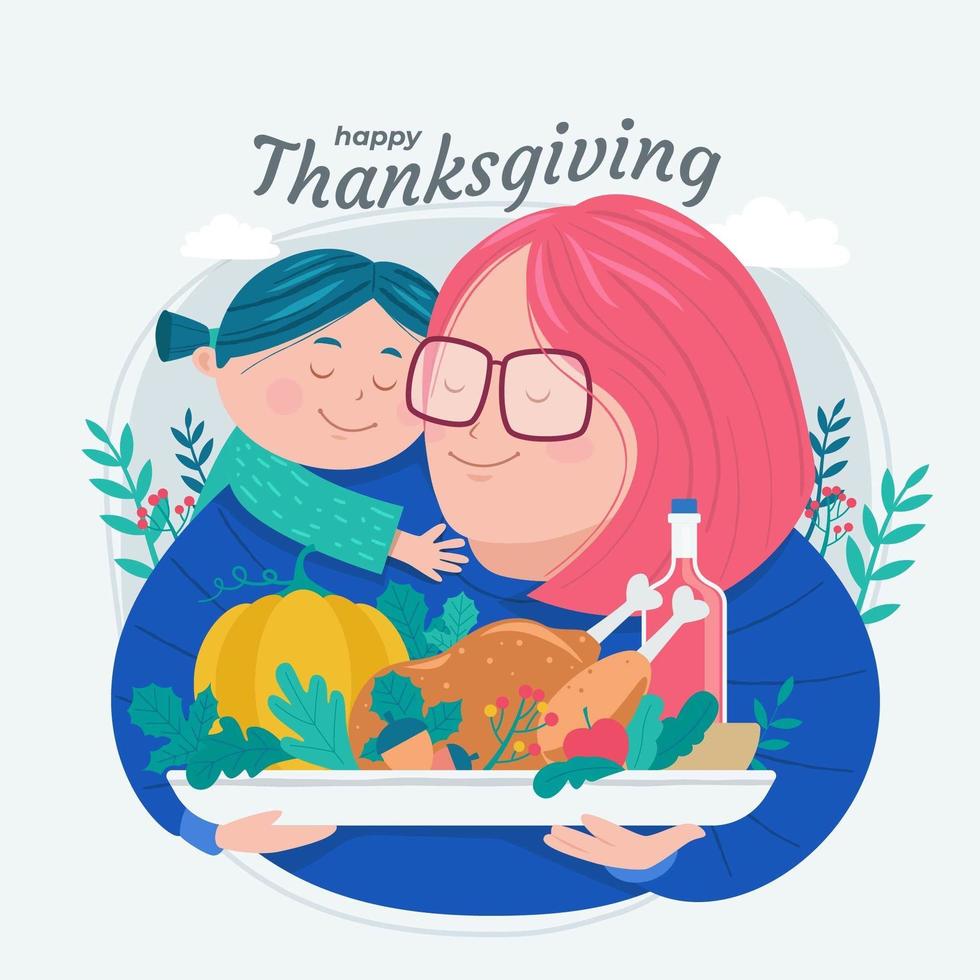 mère et enfant célébrant le jour de Thanksgiving vecteur