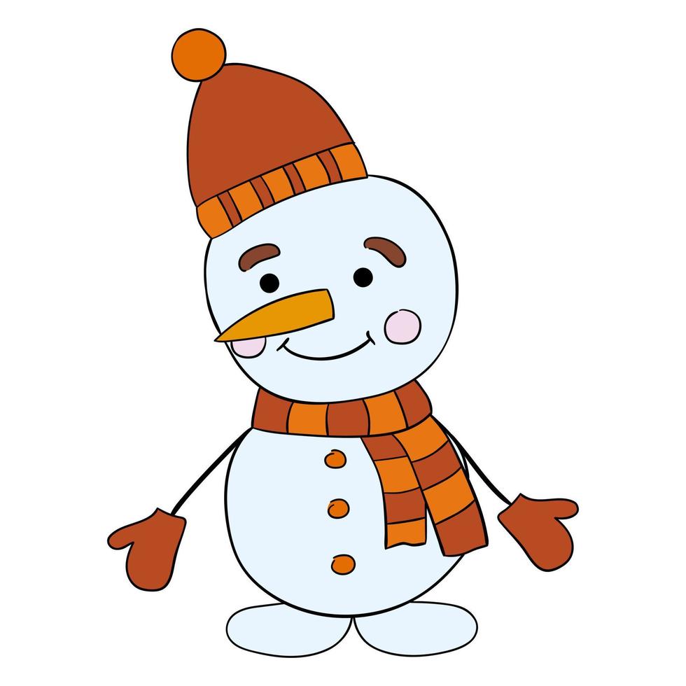 bonhomme de neige dessin animé mignon dans un chapeau orange avec une écharpe. illustration vectorielle. vecteur