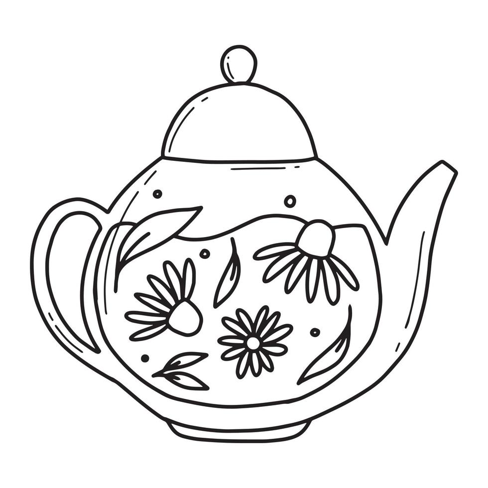 théière au thé vert et tisane de camomille à la camomille dans une théière en verre. illustration vectorielle. illustration isolée sur fond blanc. style de griffonnage. vecteur