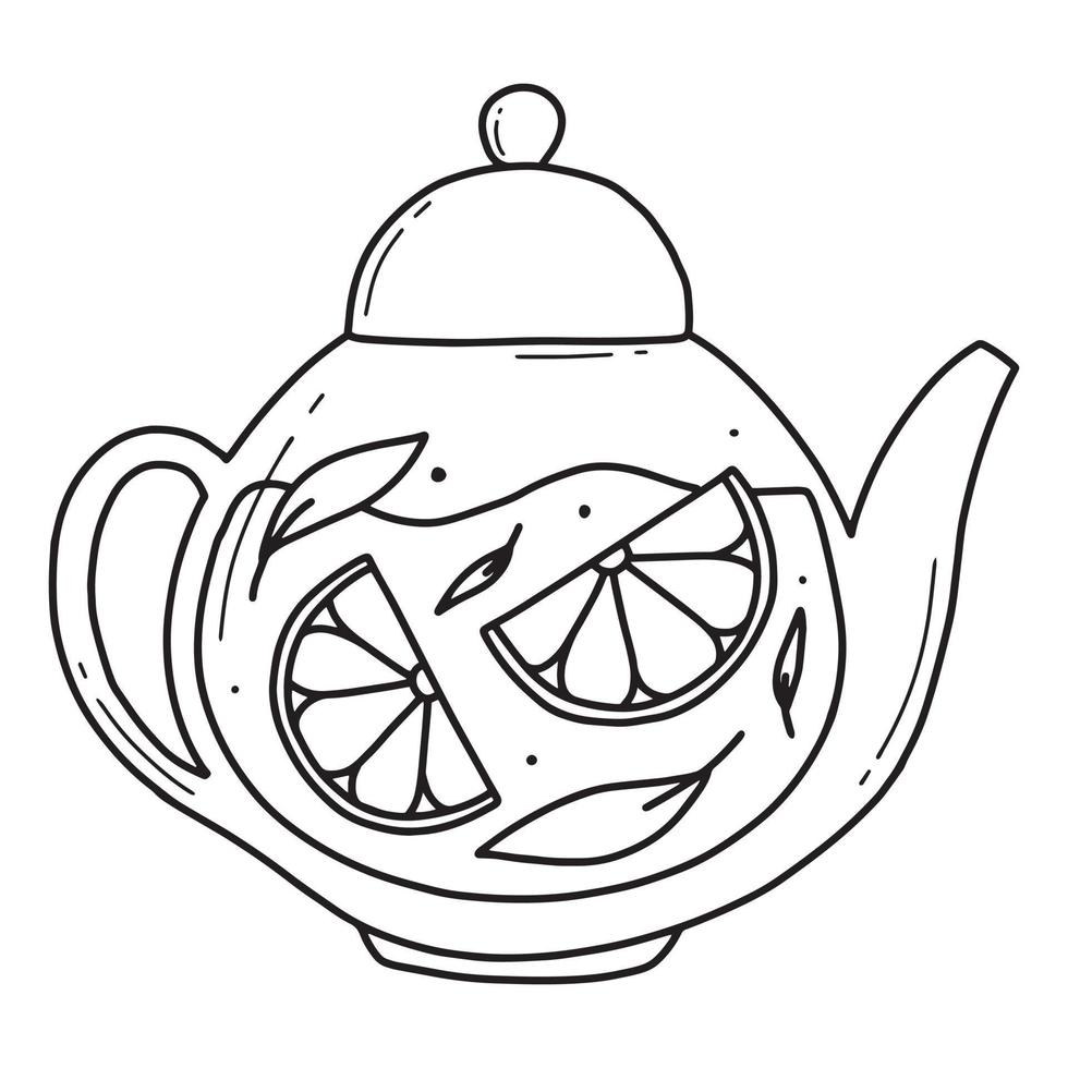 théière au thé vert et au citron. tisane dans une théière en verre. illustration vectorielle. illustration isolée sur fond blanc. style de griffonnage. vecteur