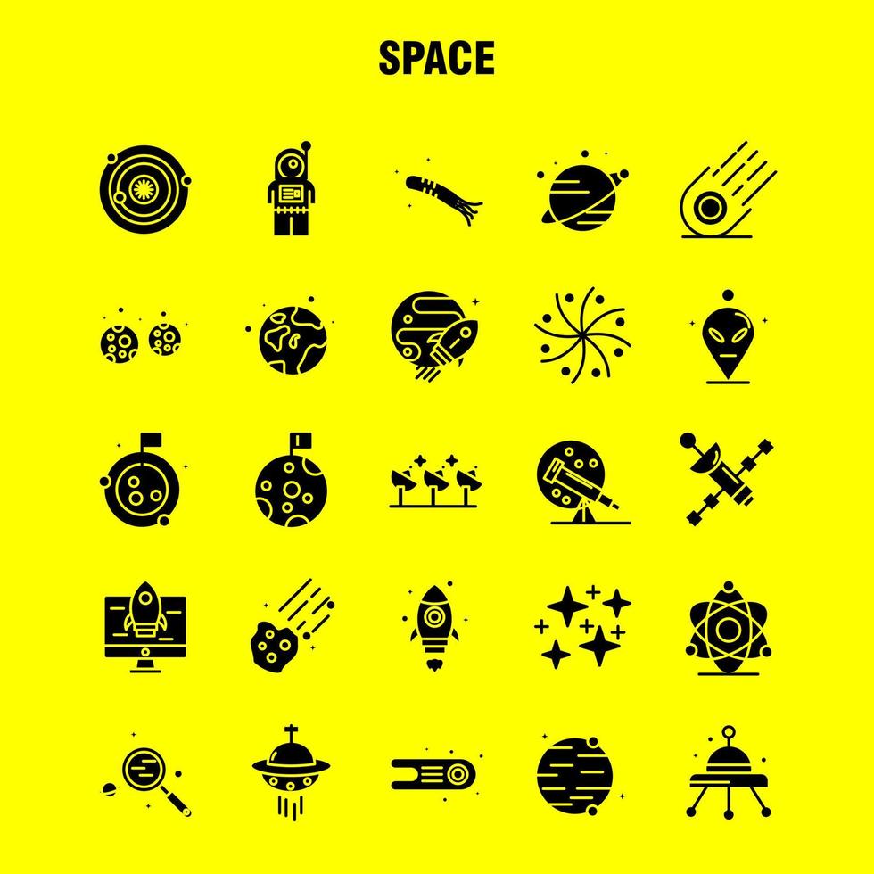 les icônes de glyphe solide de l'espace sont définies pour l'infographie le kit uxui mobile et la conception d'impression incluent le transport spatial de fusée lune planète espace vaisseau spatial télescope jeu d'icônes vecteur