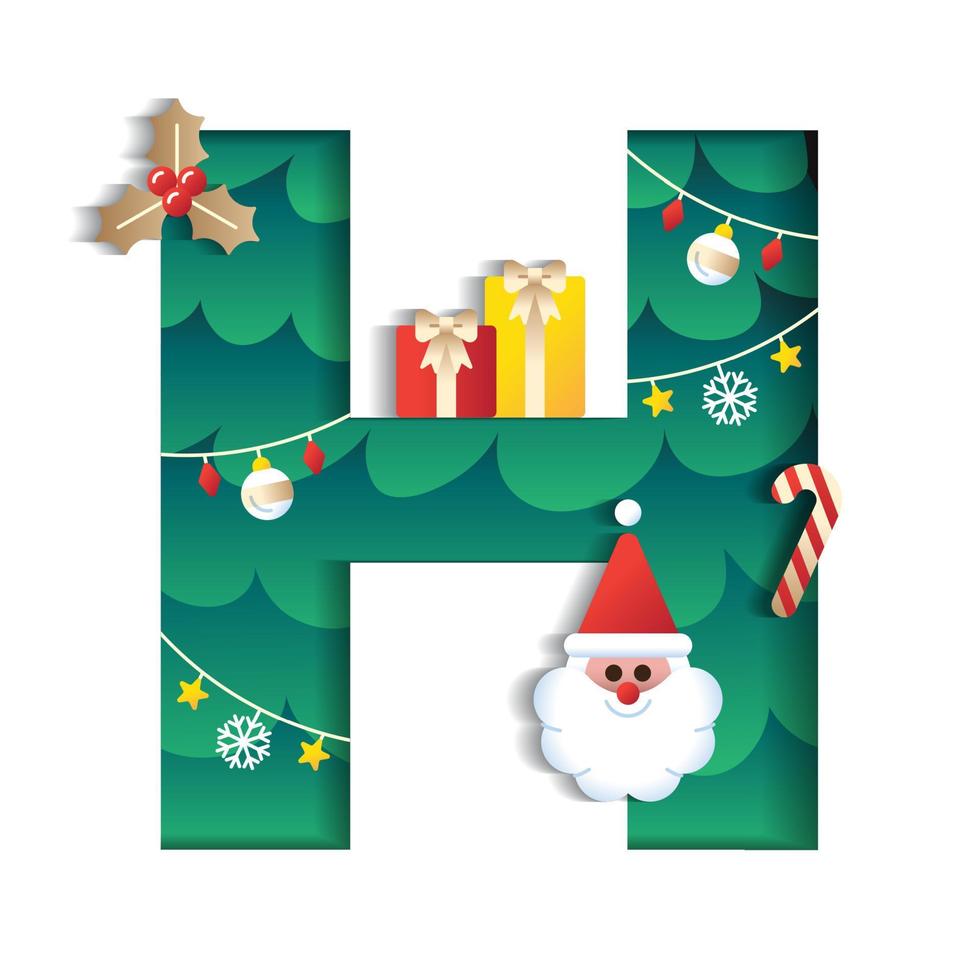 lettre h police de l'alphabet mignon joyeux noël concept père noël canne en bonbon boîte cadeau sapin de noël police de caractère élément de noël dessin animé vert 3d couche de papier découpe carte illustration vectorielle vecteur