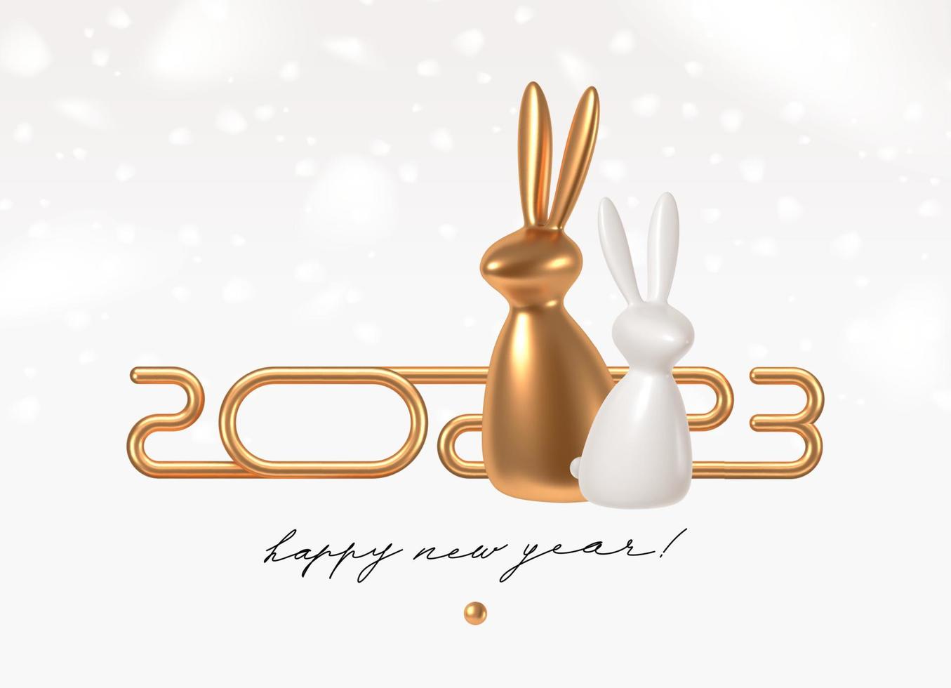 Illustration du nouvel an 2023 avec logo doré 3d réaliste et lapin sur fond blanc avec flocons de neige. conception pour carte de voeux, invitation, calendrier, etc. vecteur