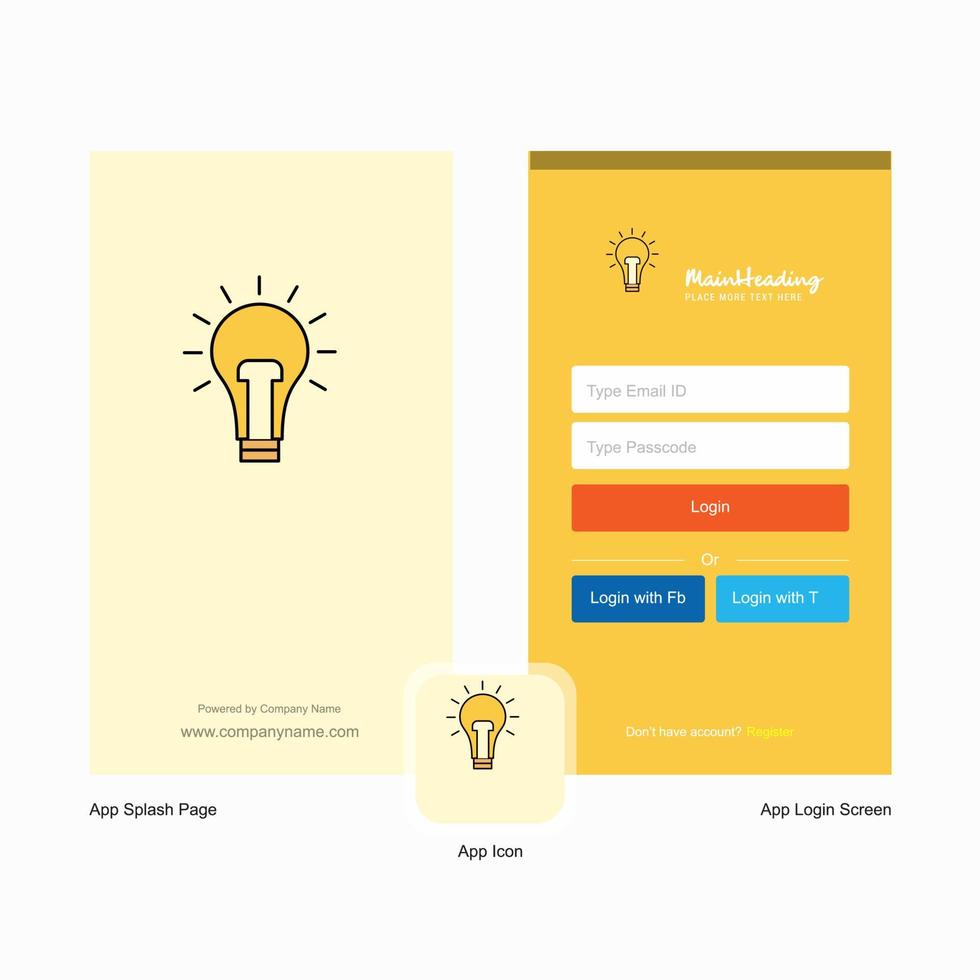 écran de démarrage de l'ampoule de l'entreprise et conception de la page de connexion avec le modèle de logo modèle d'entreprise en ligne mobile vecteur