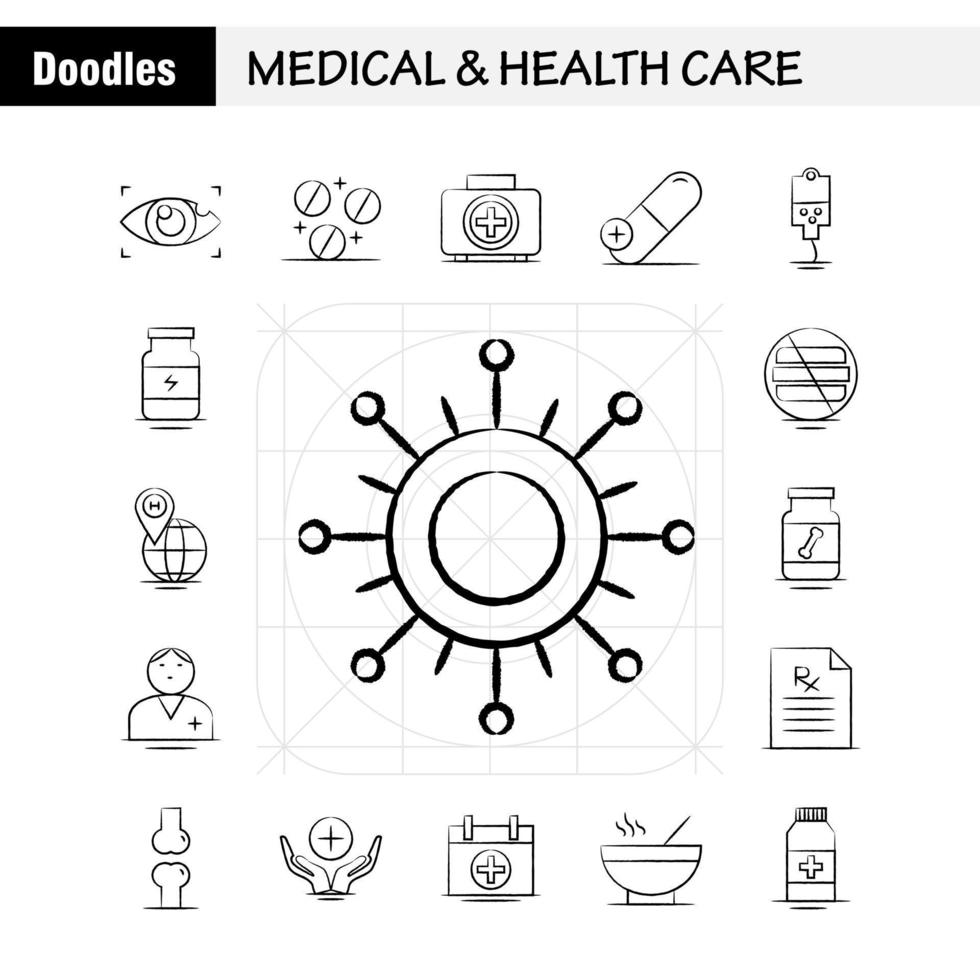 médecine et soins de santé icône dessinée à la main pour l'impression web et le kit uxui mobile tel que l'oeil médical test de recherche oculaire médecine médicale hôpital pictogramme pack vecteur