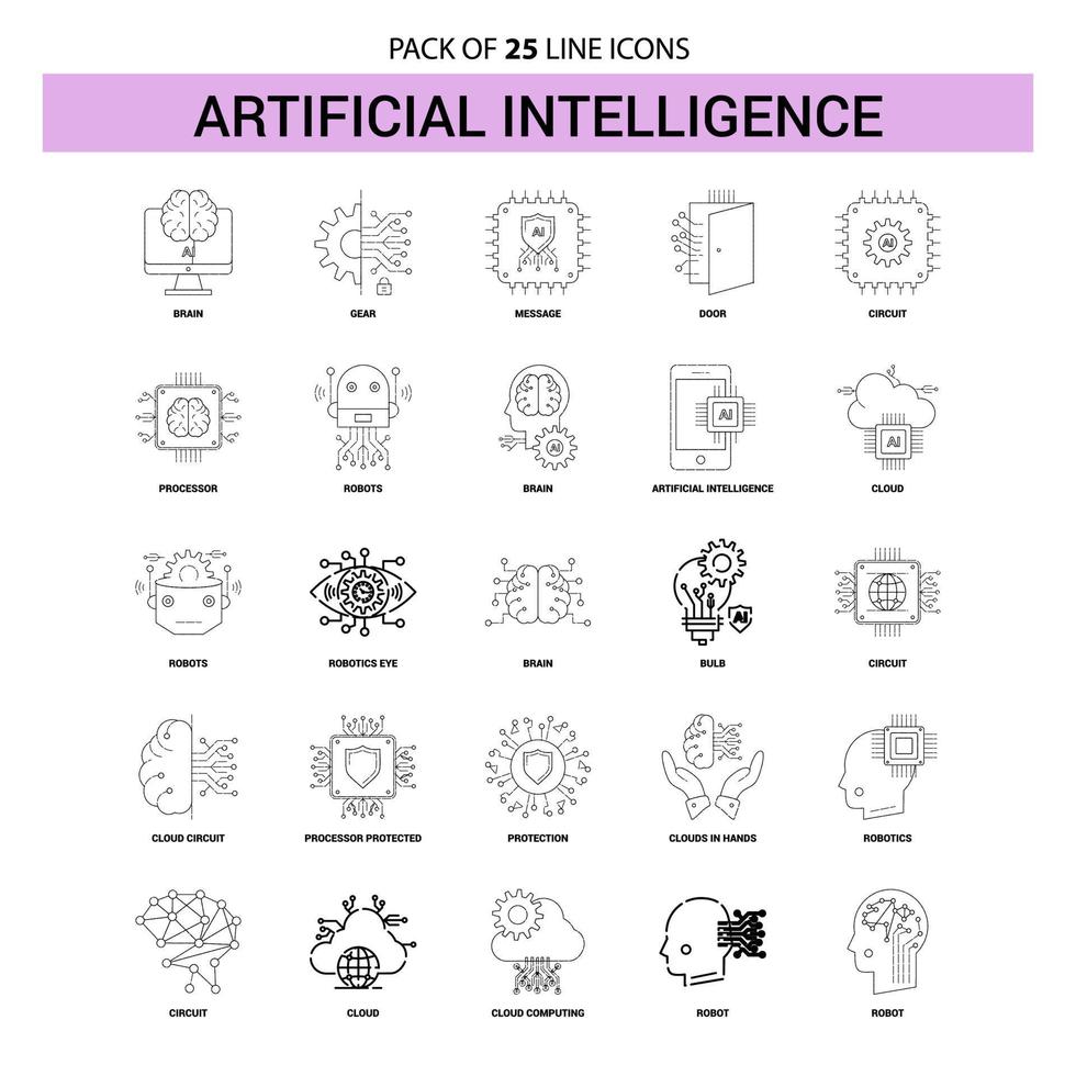 jeu d'icônes de ligne d'intelligence artificielle 25 style de contour en pointillé vecteur