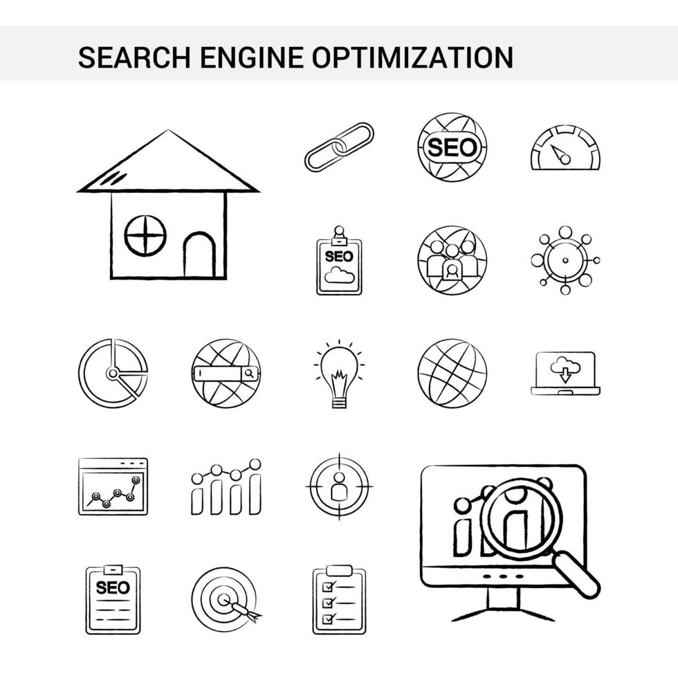 optimisation des moteurs de recherche style de jeu d'icônes dessiné à la main isolé sur fond blanc vecteur