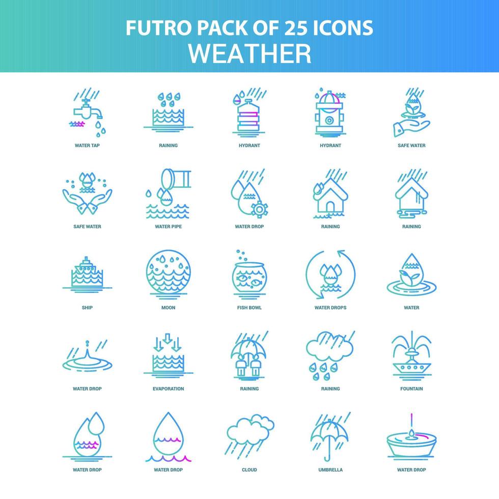 pack de 25 icônes météo futuro vertes et bleues vecteur