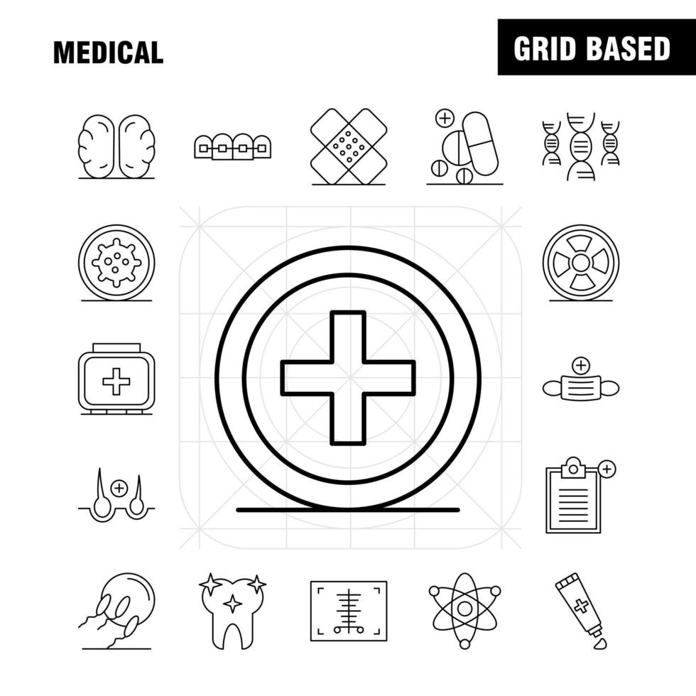 les icônes de la ligne médicale sont définies pour l'infographie le kit uxui mobile et la conception d'impression incluent les statistiques du scanner médical de l'hôpital le masque de santé du spa en pierre le vecteur eps 10