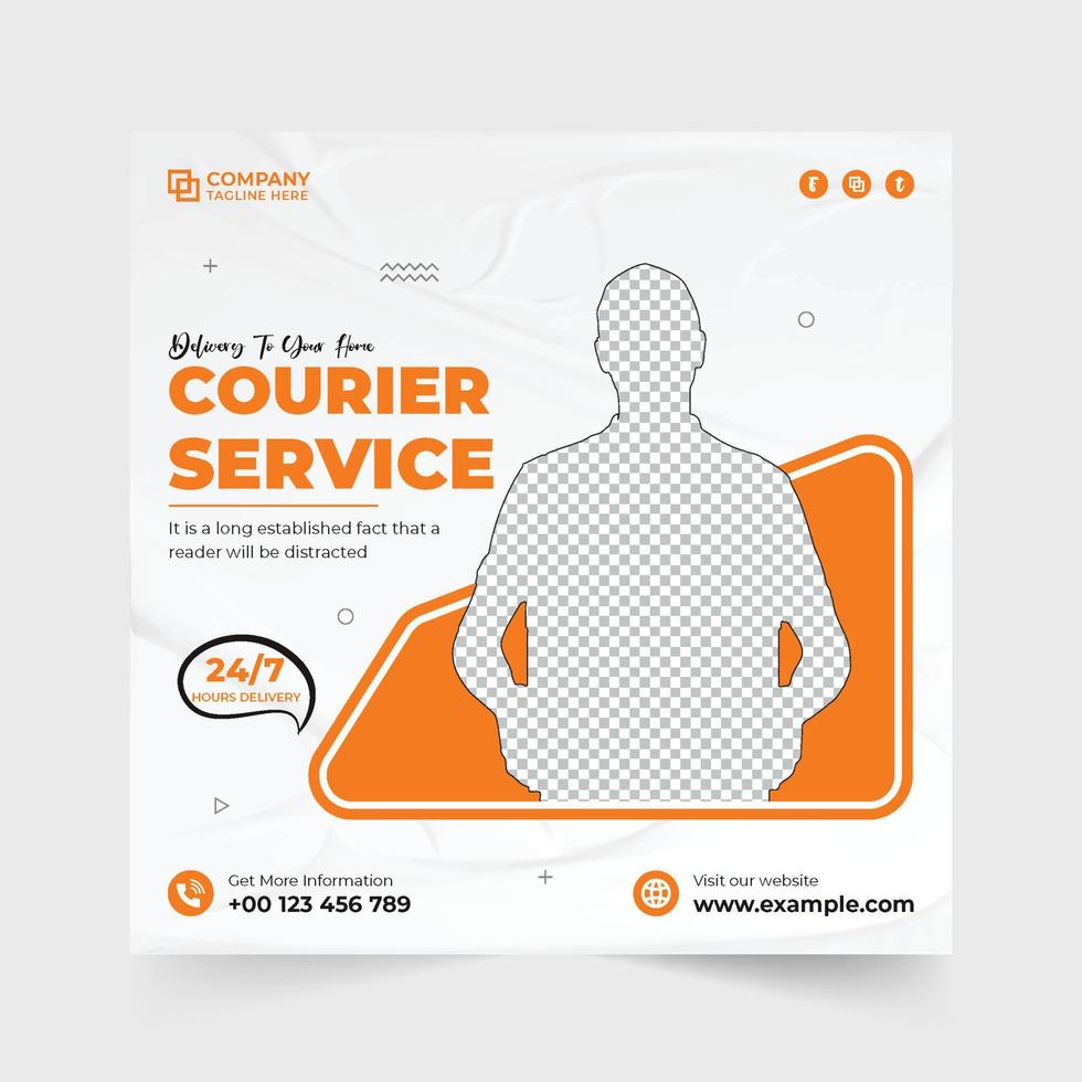 vecteur de publication de médias sociaux de service de messagerie moderne avec des formes géométriques. livraison de colis et conception de modèle de service de messagerie avec des couleurs orange et rouges. vecteur d'affiche de promotion d'entreprise de livraison à domicile.