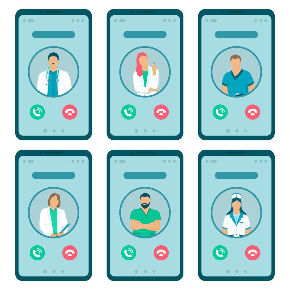 ensemble vectoriel de smartphones pour un appel en ligne avec le médecin traitant. icônes de l'avatar du personnel médical. téléphones isolés.