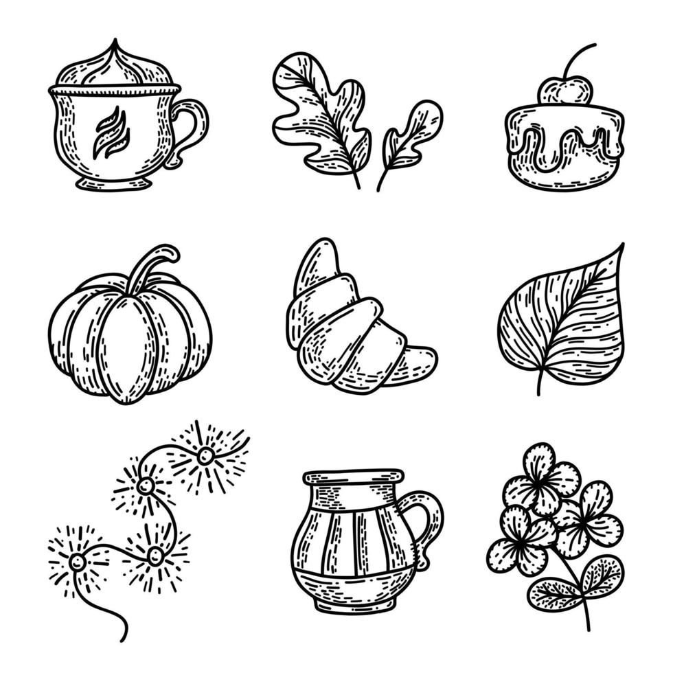 ensemble d'automne doodle dessiné à la main. noir et blanc. collection de symboles d'automne. guirlande d'éléments saisonniers, citrouille, croissant, feuilles, café, carafe, cupcake. vecteur