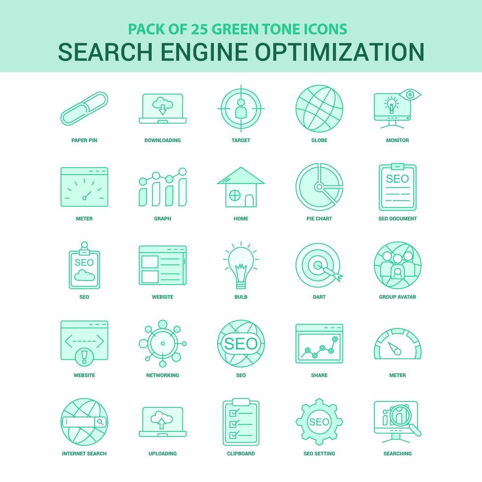 25 jeu d'icônes d'optimisation de moteur de recherche vert vecteur