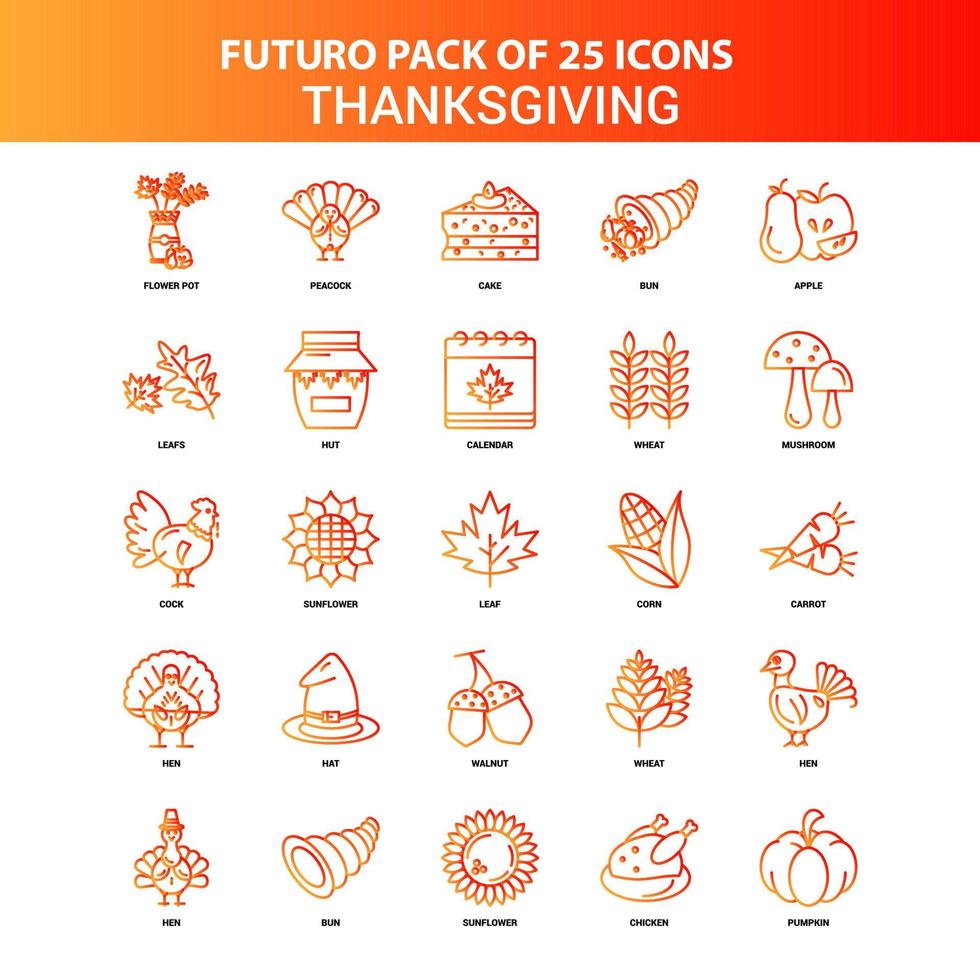 jeu d'icônes de thanksgiving orange futuro 25 vecteur